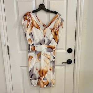 Reiss Floral V-Neck Mini Dress - Cream and Brown